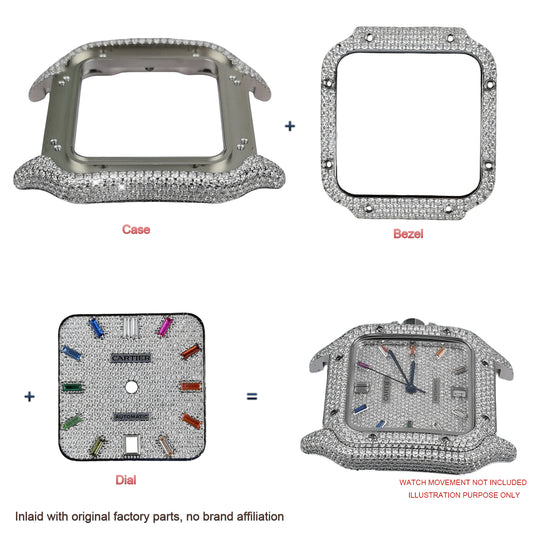Pave Set Natural Diamonds Watch Dial Bezel Case For Santos DE Cartier 47.5*39.8mm Automatic Mechanical Watch