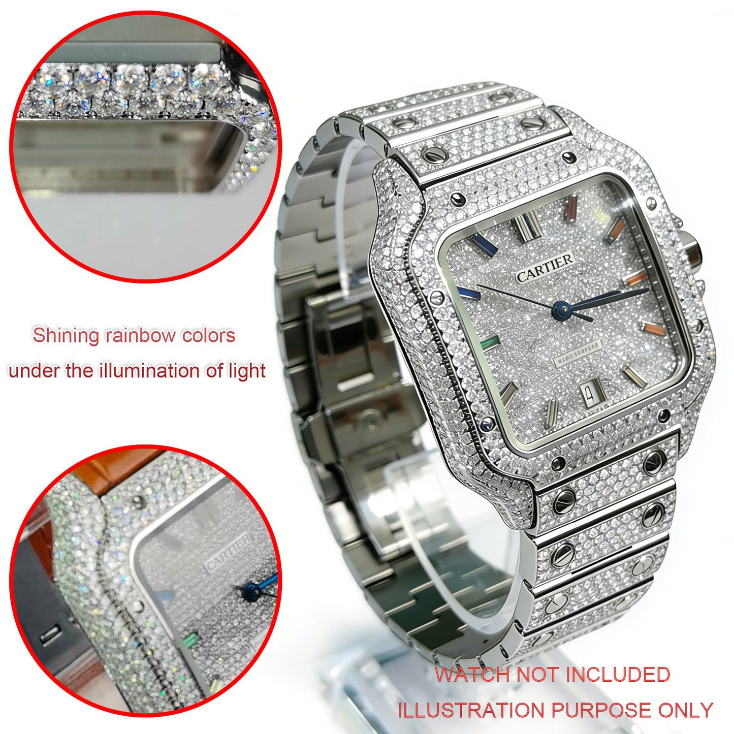 Pave Set Natural Diamonds Watch Dial Bezel Case Band For Santos DE Cartier 47.5*39.8mm Automatic Mechanical Watch