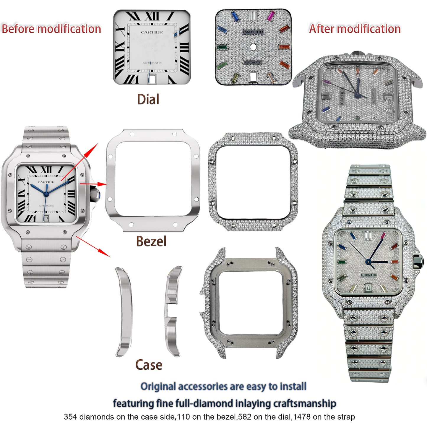 Pave Set Natural Diamonds Watch Dial Bezel Case Band For Santos DE Cartier 47.5*39.8mm Automatic Mechanical Watch