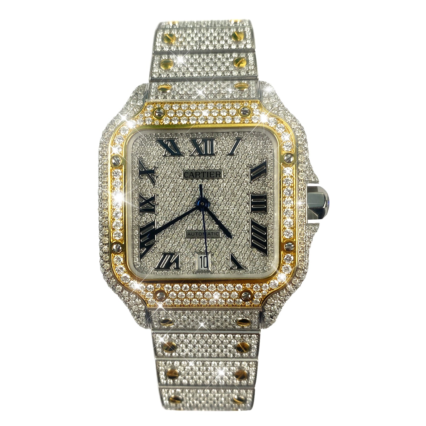 Modified Watch Inlaid with Earth Grown Diamonds Watch Dial Bezel Case and Band for SANTOS DE CARTIER Series