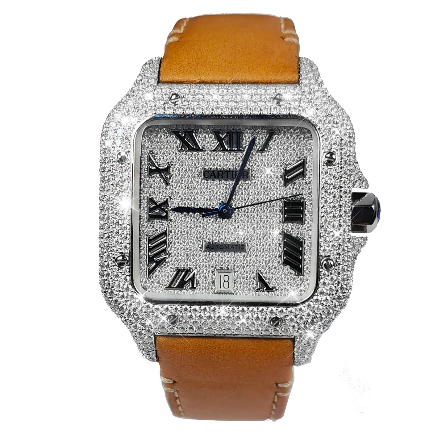 Modified Watch Inlaid with Earth Grown Diamonds Watch Dial Bezel and Case for SANTOS DE CARTIER Series