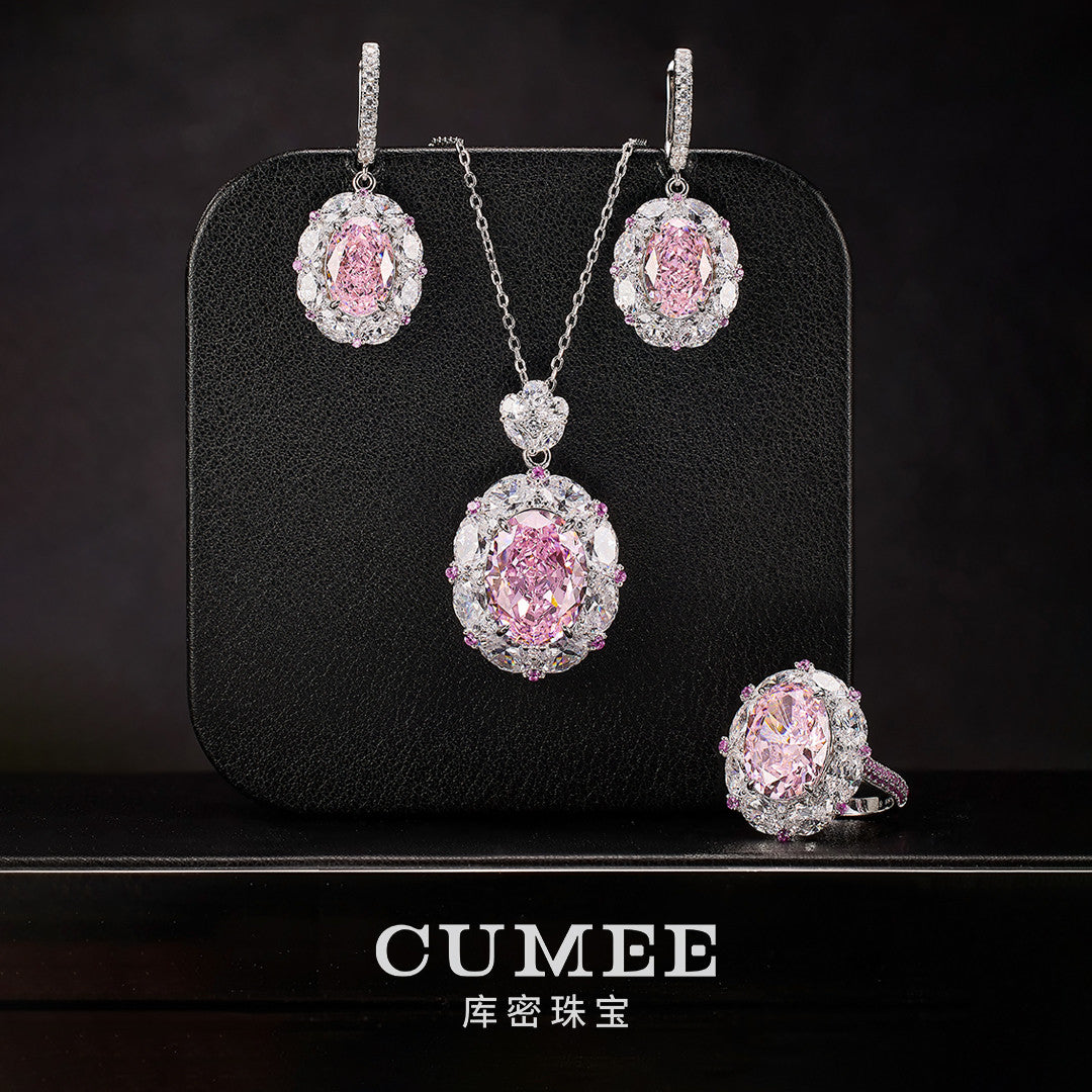 3Pcs Cubic Zirconia 925 Silver Jewelry Set for Women Pink  Pendant Necklace Earrings Rings Set