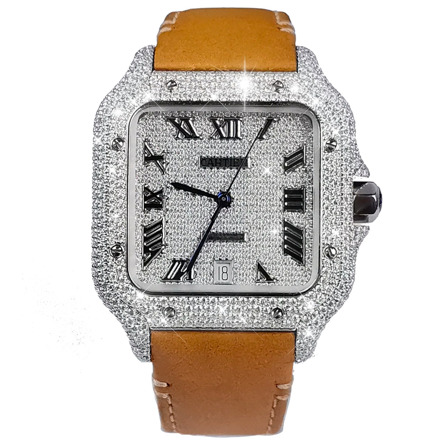 Modified Watch Inlaid with Earth Grown Diamonds Watch Dial Bezel Case and Band for SANTOS DE CARTIER Series