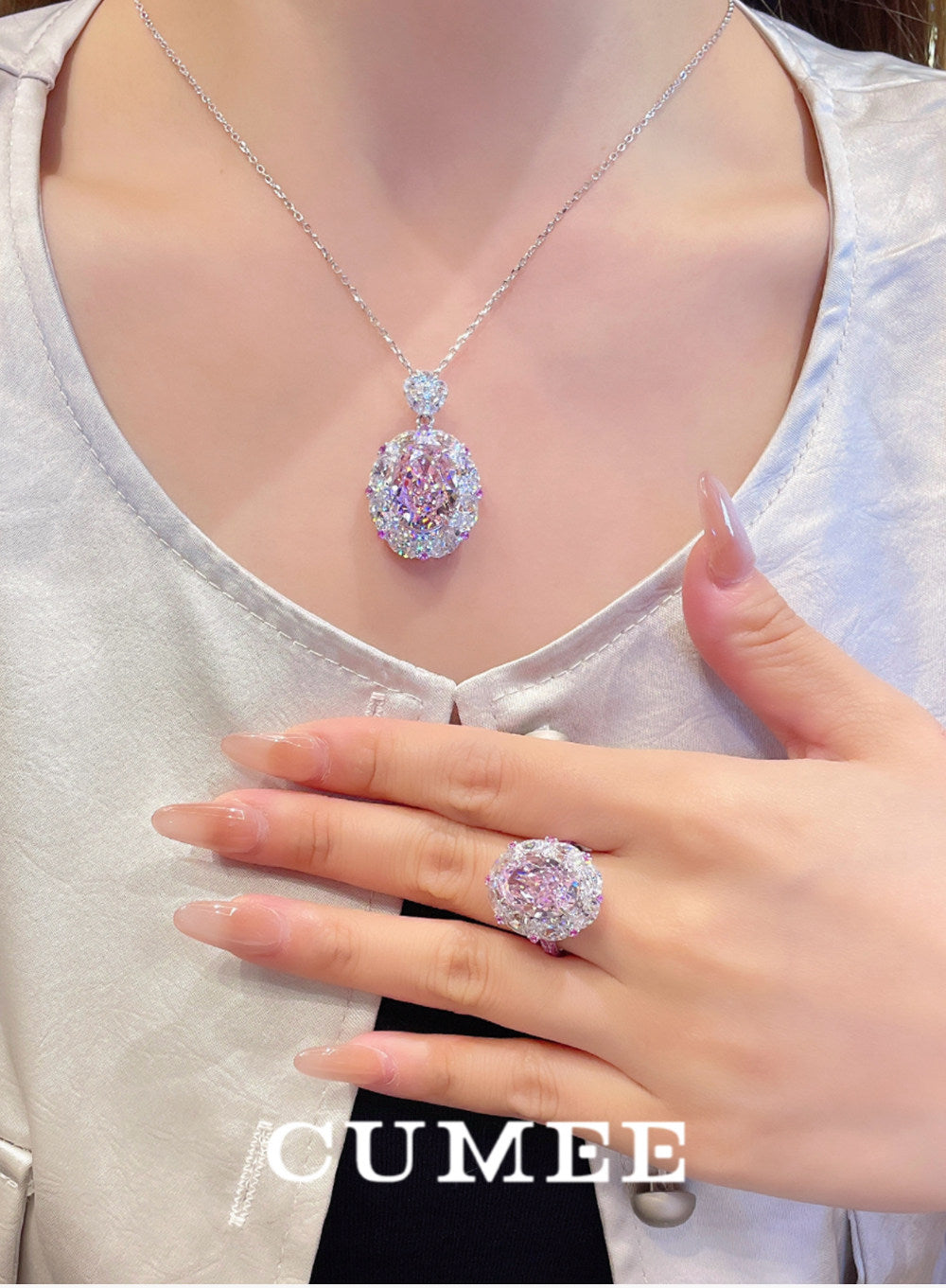 3Pcs Cubic Zirconia 925 Silver Jewelry Set for Women Pink  Pendant Necklace Earrings Rings Set