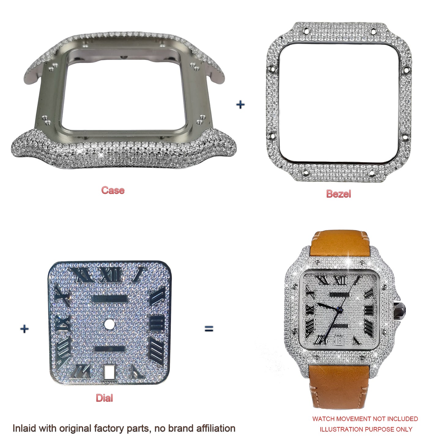 Pave Set Natural Diamonds Watch Dial Bezel Case For Santos DE Cartier 47.5*39.8mm Automatic Mechanical Watch