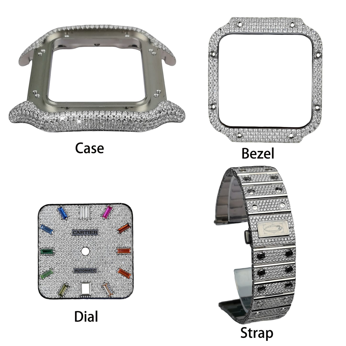 Pave Set Natural Diamonds Watch Dial Bezel Case Band For Santos DE Cartier 47.5*39.8mm Automatic Mechanical Watch