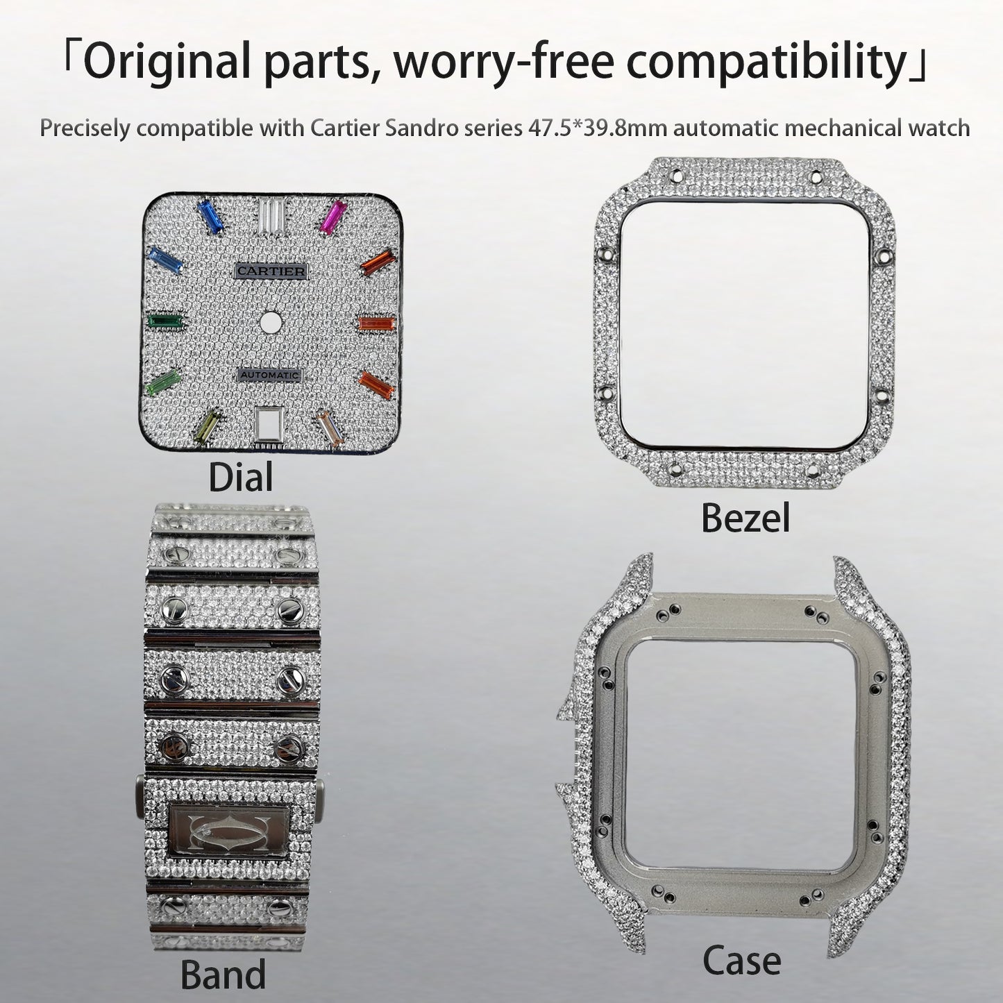 Pave Set Natural Diamonds Watch Dial Bezel Case For Santos DE Cartier 47.5*39.8mm Automatic Mechanical Watch