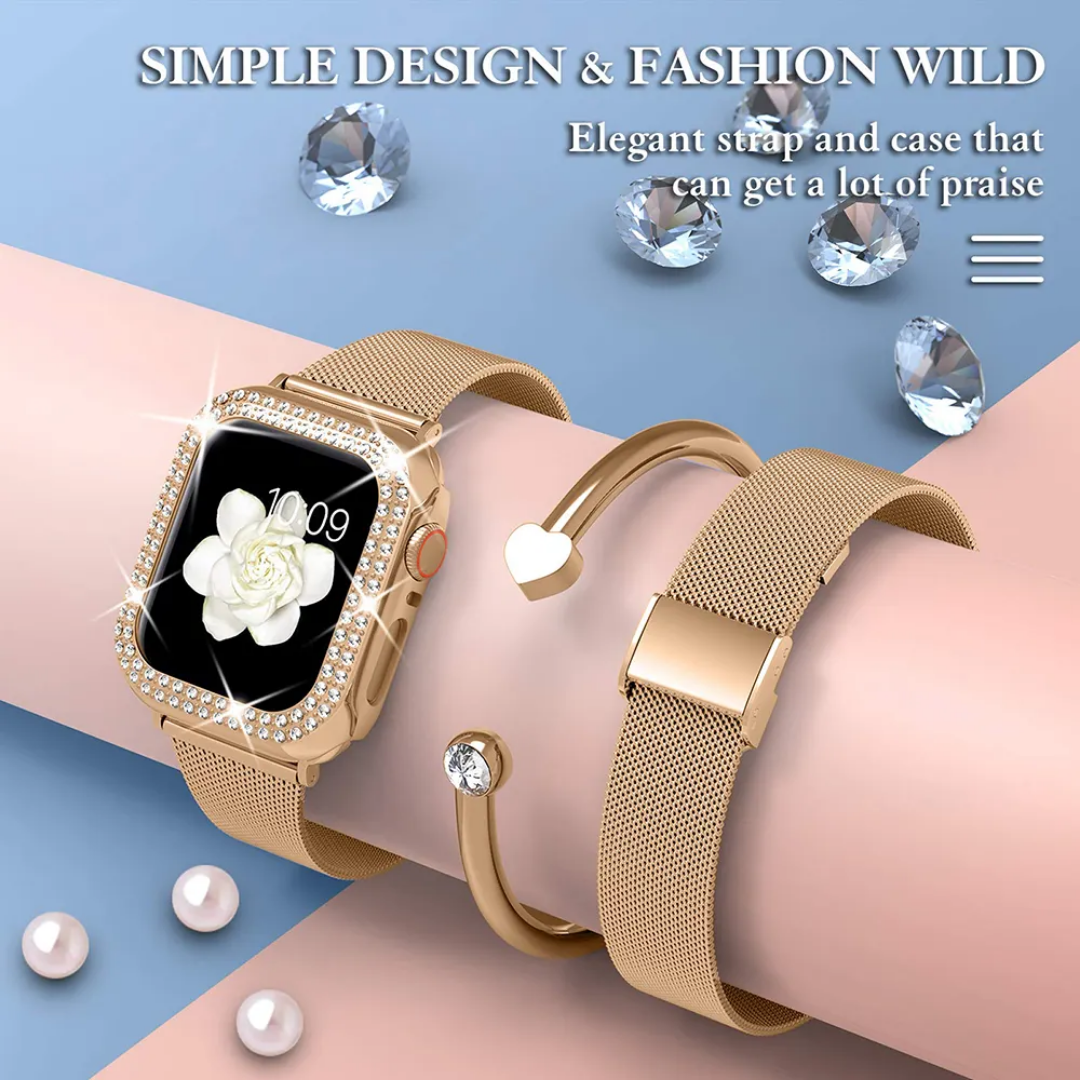 Stainless Steel Mesh bands Compatible For Apple Watch 44mm,Women Bling Protective Crystal Diamond Case with Loop Mesh Strap For Apple watch Series 6/SE/5/4(No Tool Needed)