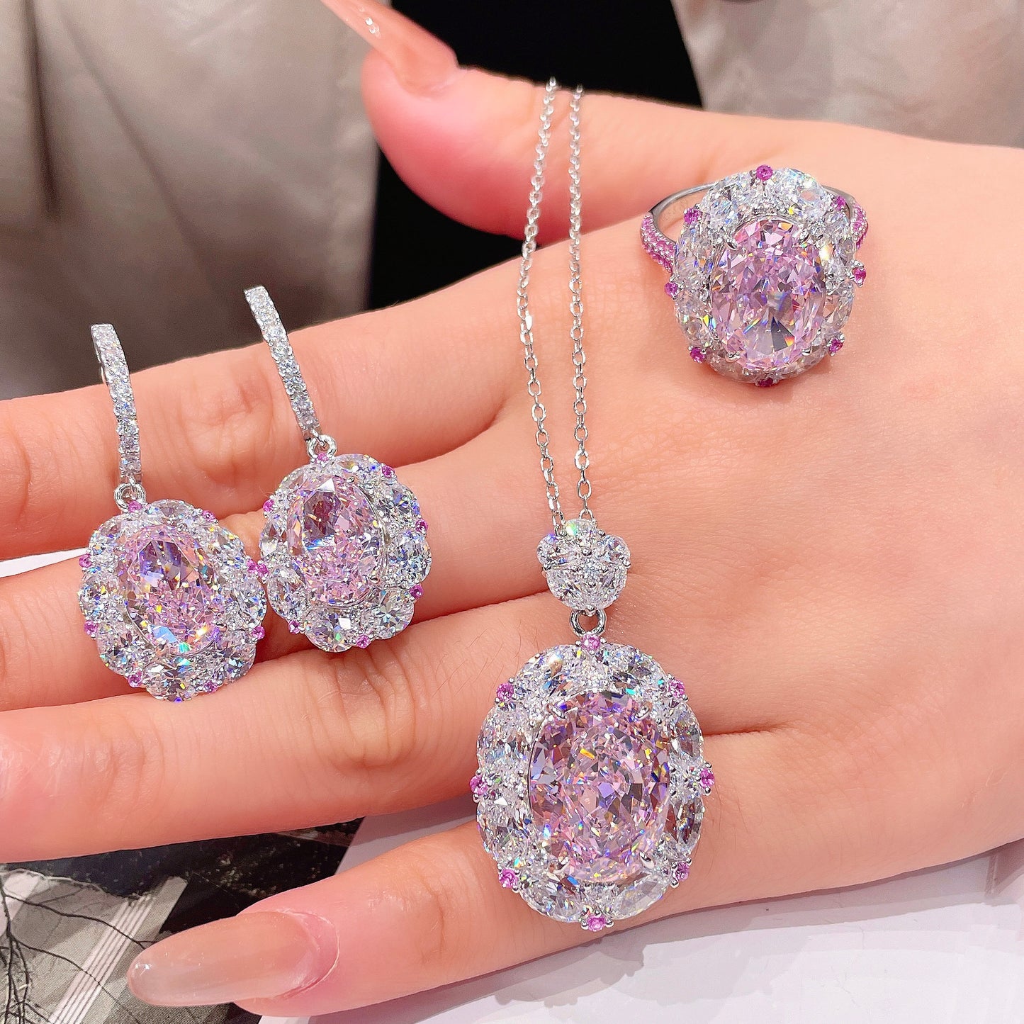 3Pcs Cubic Zirconia 925 Silver Jewelry Set for Women Pink  Pendant Necklace Earrings Rings Set