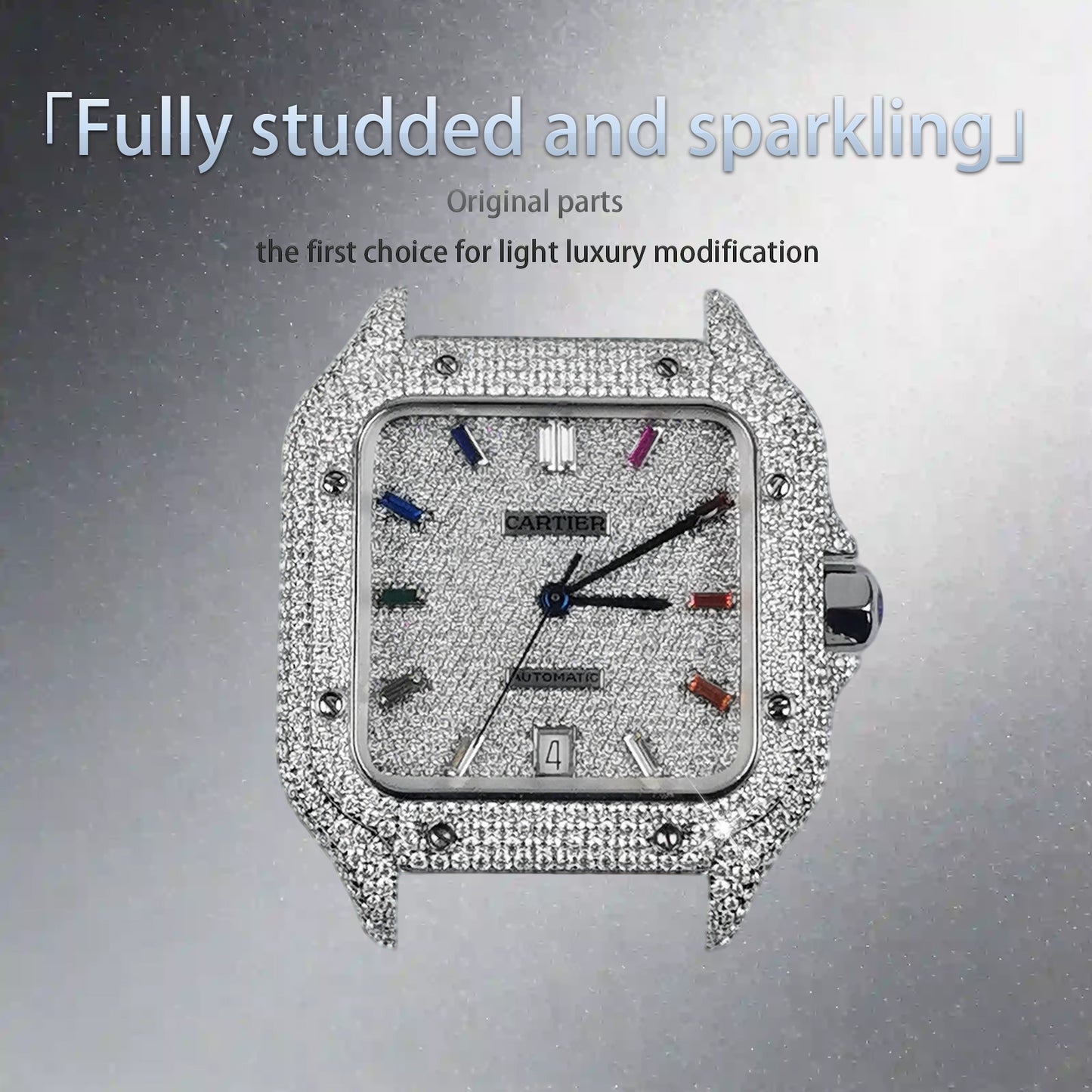 Pave Set Natural Diamonds Watch Dial Bezel Case For Santos DE Cartier 47.5*39.8mm Automatic Mechanical Watch