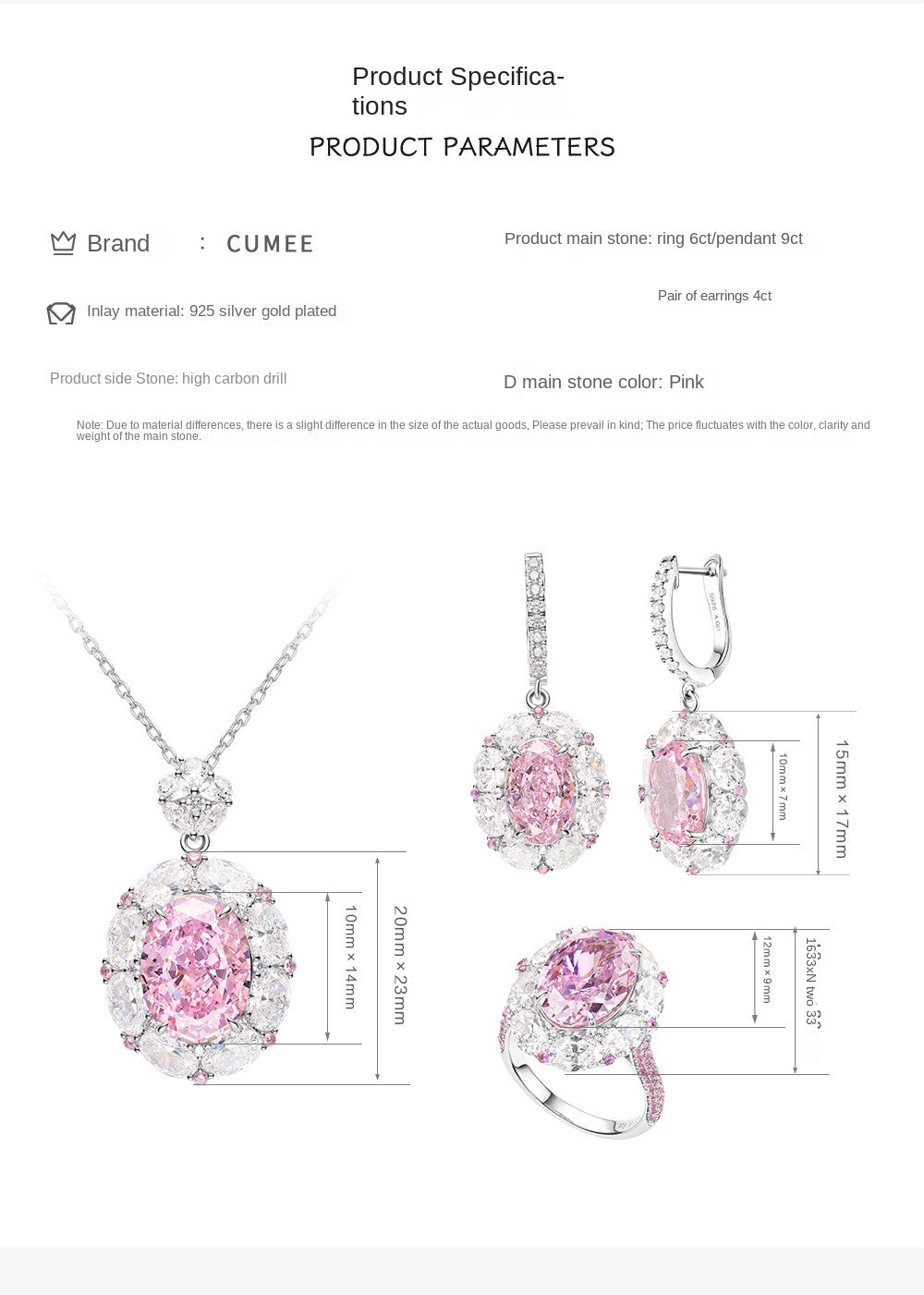 3Pcs Cubic Zirconia 925 Silver Jewelry Set for Women Pink  Pendant Necklace Earrings Rings Set