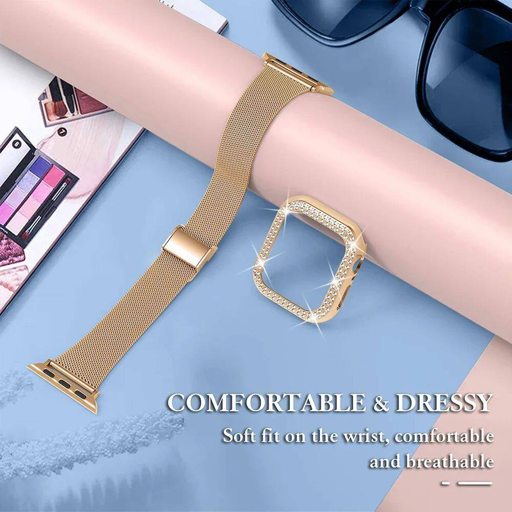 Stainless Steel Mesh bands Compatible For Apple Watch 44mm,Women Bling Protective Crystal Diamond Case with Loop Mesh Strap For Apple watch Series 6/SE/5/4(No Tool Needed)