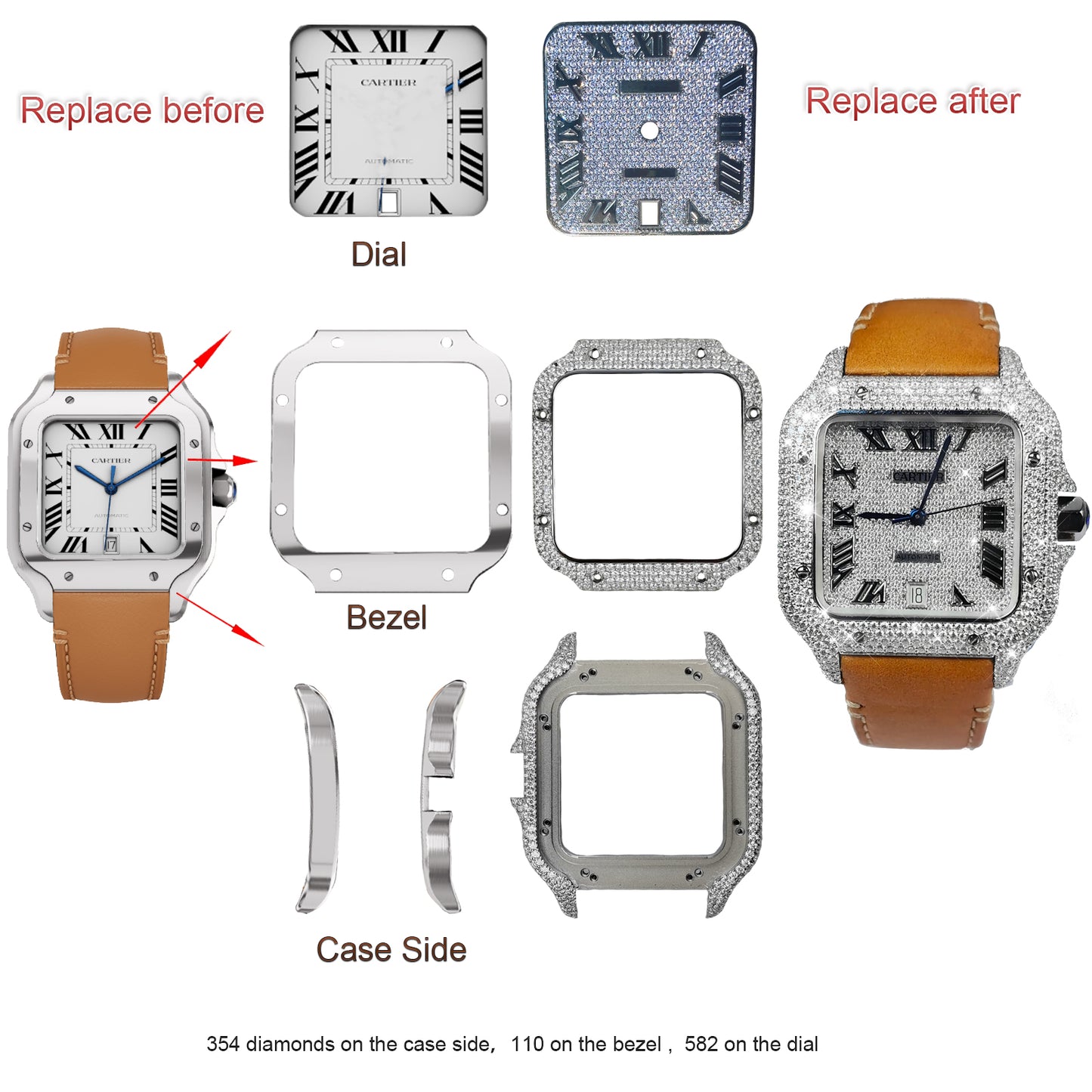 Pave Set Natural Diamonds Watch Dial Bezel Case For Santos DE Cartier 47.5*39.8mm Automatic Mechanical Watch