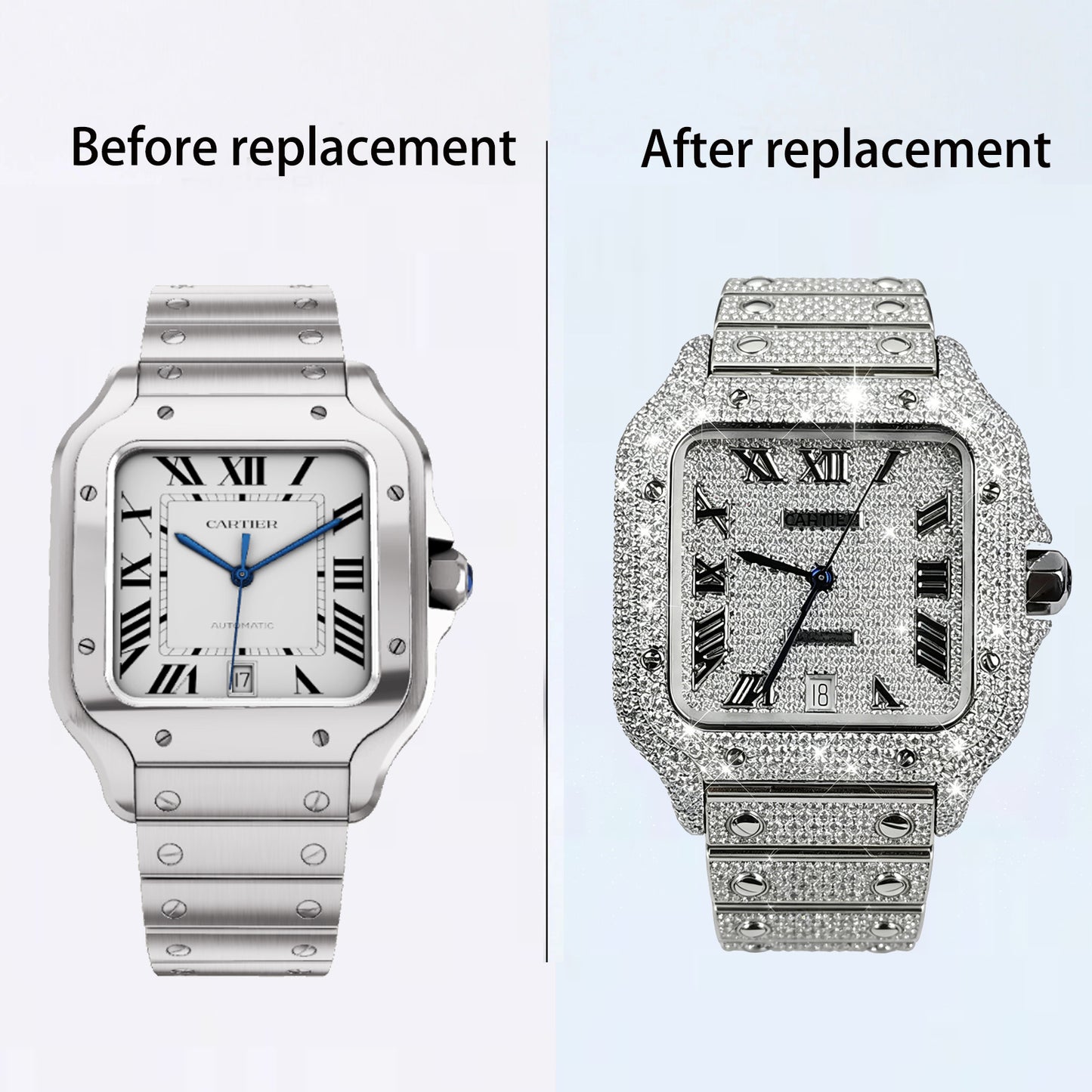 Pave Set Natural Diamonds Watch Dial Bezel Case Band For Santos DE Cartier 47.5*39.8mm Automatic Mechanical Watch