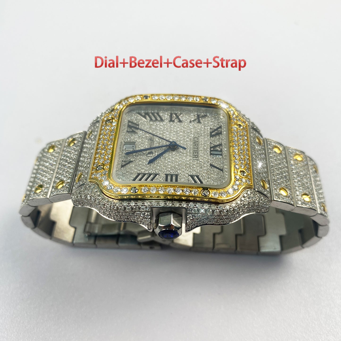 Modified Watch Inlaid with Earth Grown Diamonds Watch Dial Bezel Case and Band for SANTOS DE CARTIER Series