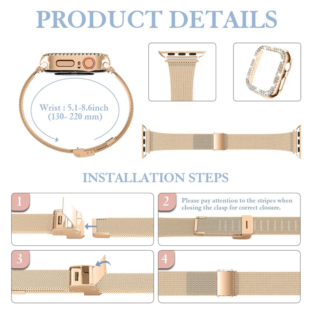 Stainless Steel Mesh bands Compatible For Apple Watch 44mm,Women Bling Protective Crystal Diamond Case with Loop Mesh Strap For Apple watch Series 6/SE/5/4(No Tool Needed)