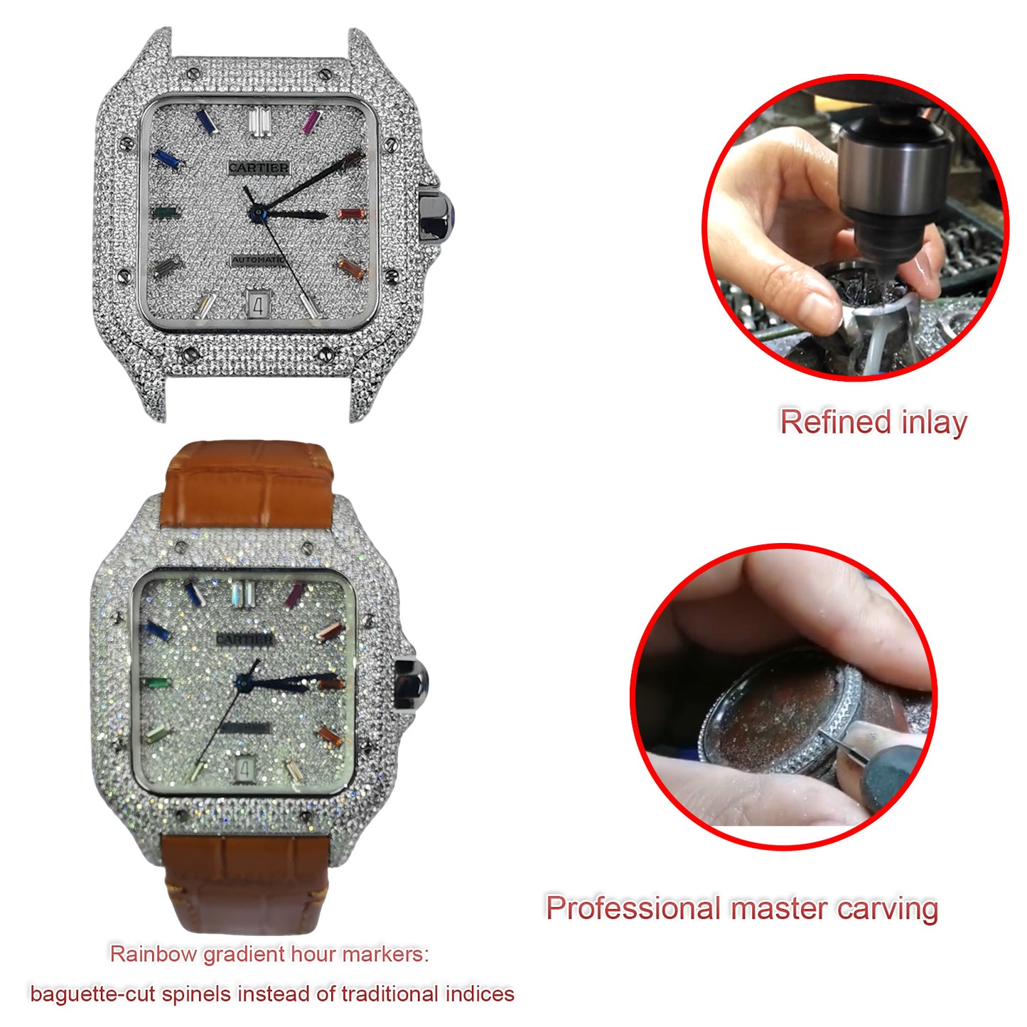 Pave Set Natural Diamonds Watch Dial Bezel Case For Santos DE Cartier 47.5*39.8mm Automatic Mechanical Watch