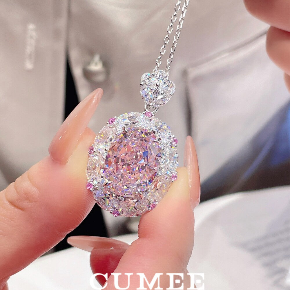 3Pcs Cubic Zirconia 925 Silver Jewelry Set for Women Pink  Pendant Necklace Earrings Rings Set