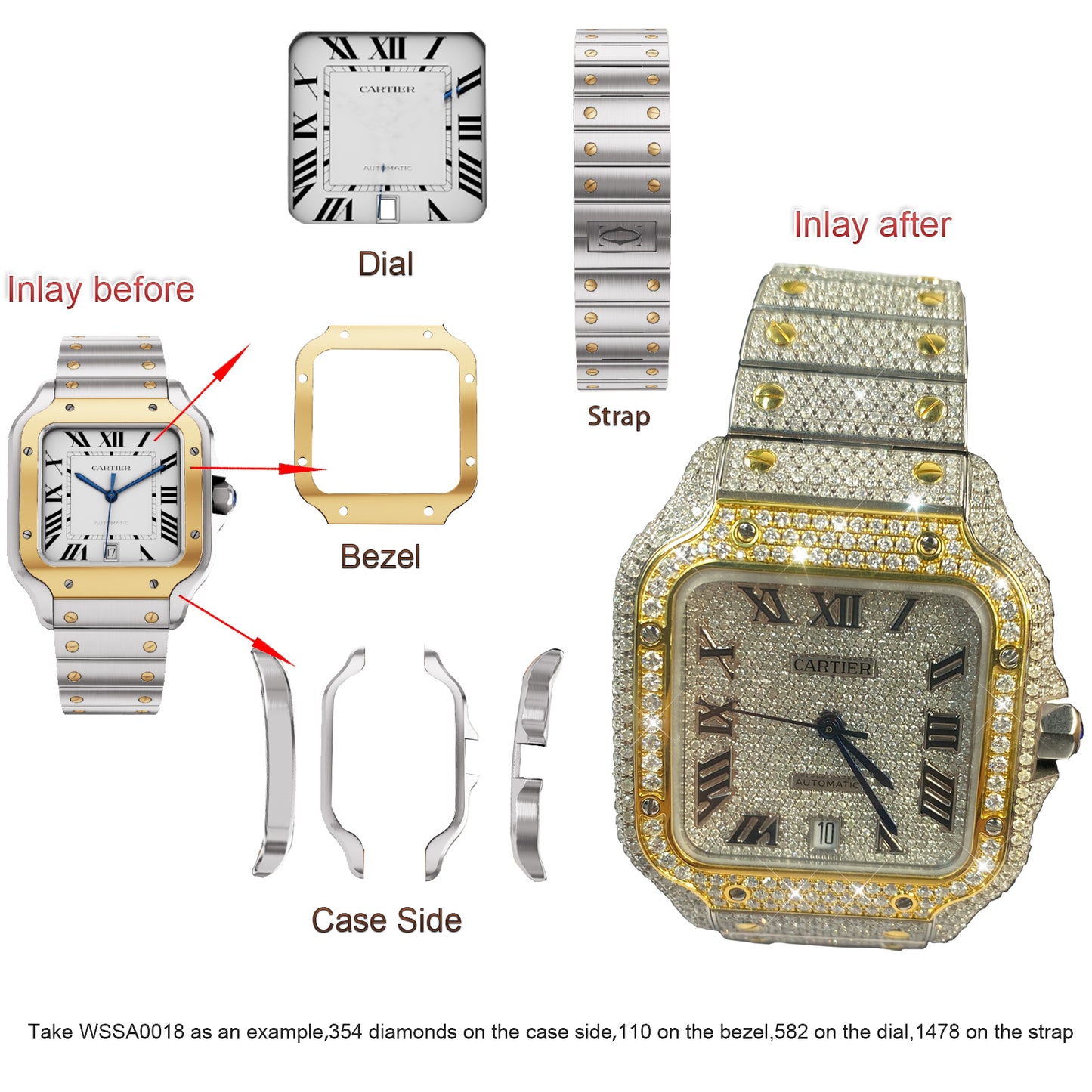 Modified Watch Inlaid with Earth Grown Diamonds Watch Dial Bezel Case and Band for SANTOS DE CARTIER Series