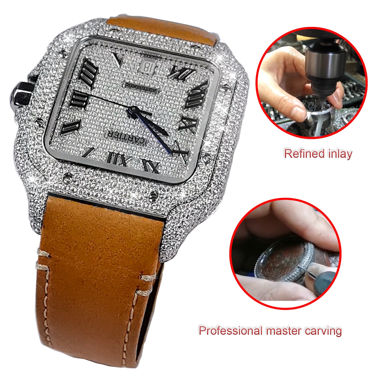 Pave Set Natural Diamonds Watch Dial Bezel Case For Santos DE Cartier 47.5*39.8mm Automatic Mechanical Watch