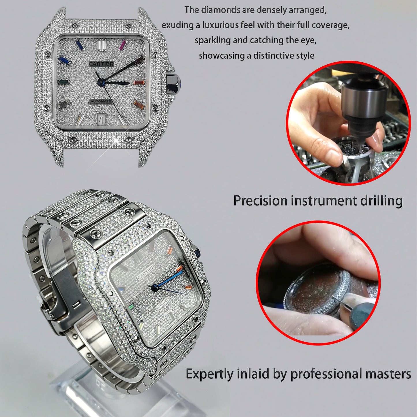 Pave Set Natural Diamonds Watch Dial Bezel Case For Santos DE Cartier 47.5*39.8mm Automatic Mechanical Watch