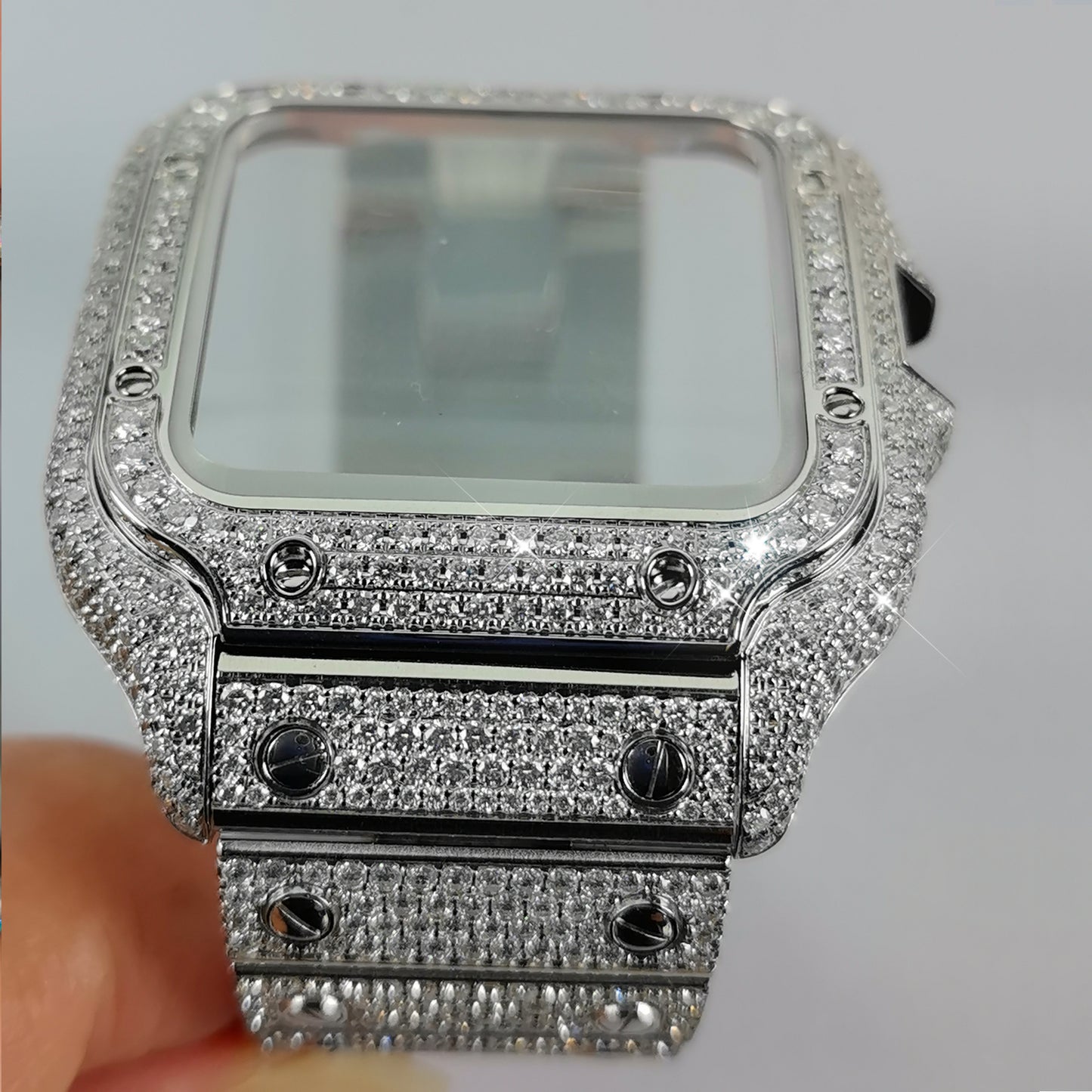 Modified Watch Inlaid with Earth Grown Diamonds Watch Bezel and Case for SANTOS DE CARTIER Series