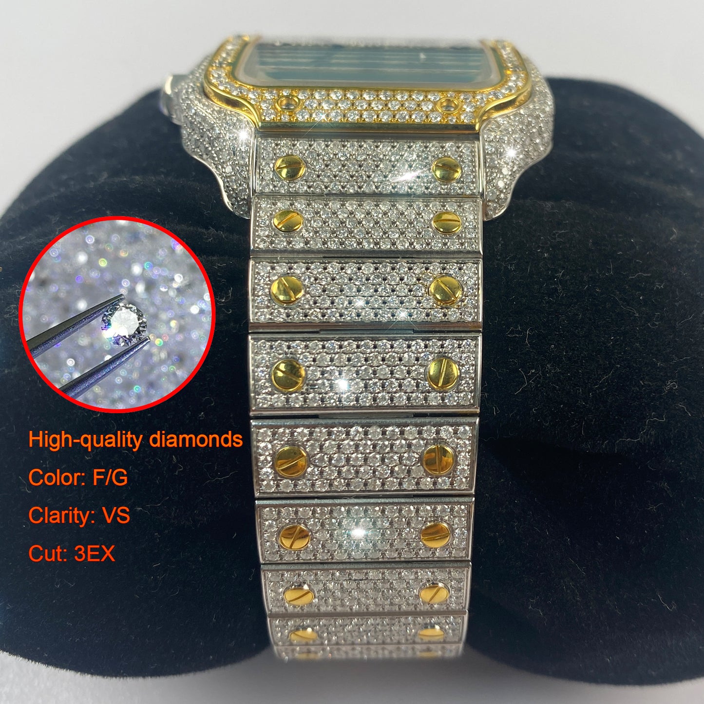 Modified Watch Inlaid with Earth Grown Diamonds Watch Dial Bezel Case and Band for SANTOS DE CARTIER Series