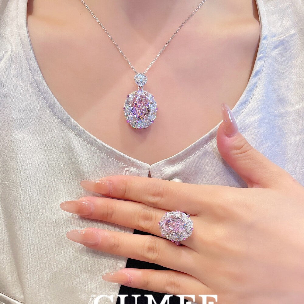 3Pcs Cubic Zirconia 925 Silver Jewelry Set for Women Pink  Pendant Necklace Earrings Rings Set