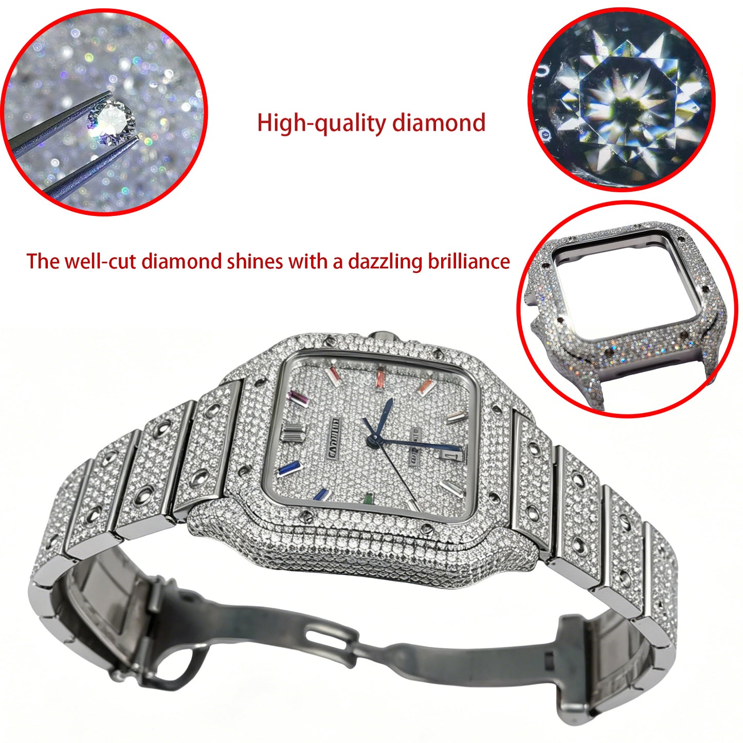 Pavé Set Natural Diamonds Watch Case For Santos DE Cartier 47.5*39.8mm Automatic Mechanical Watch