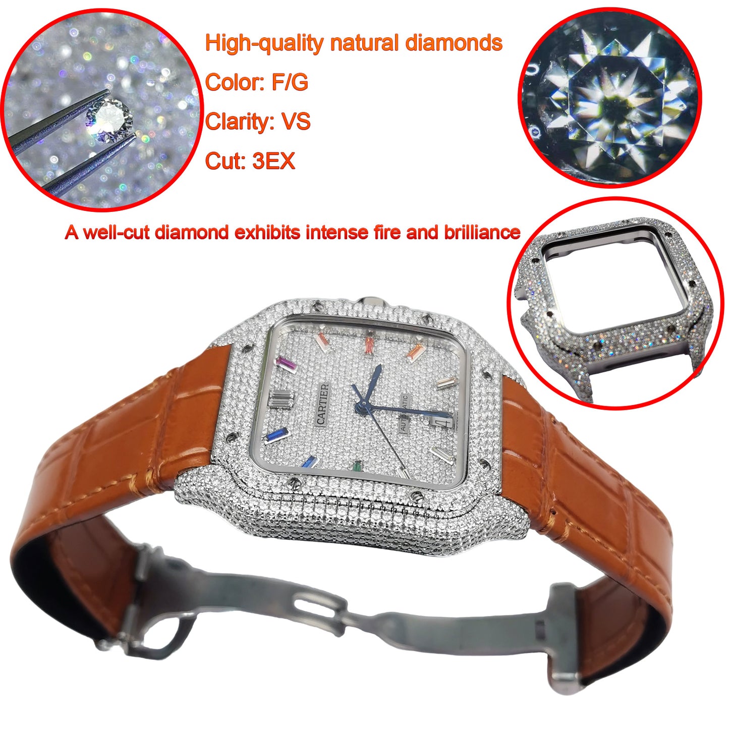 Pave Set Natural Diamonds Watch Dial Bezel Case For Santos DE Cartier 47.5*39.8mm Automatic Mechanical Watch