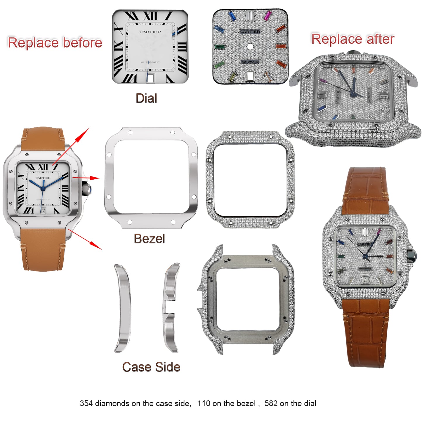 Pavé Set Natural Diamonds Watch Bezel For Santos DE Cartier 47.5*39.8mm Automatic Mechanical Watch