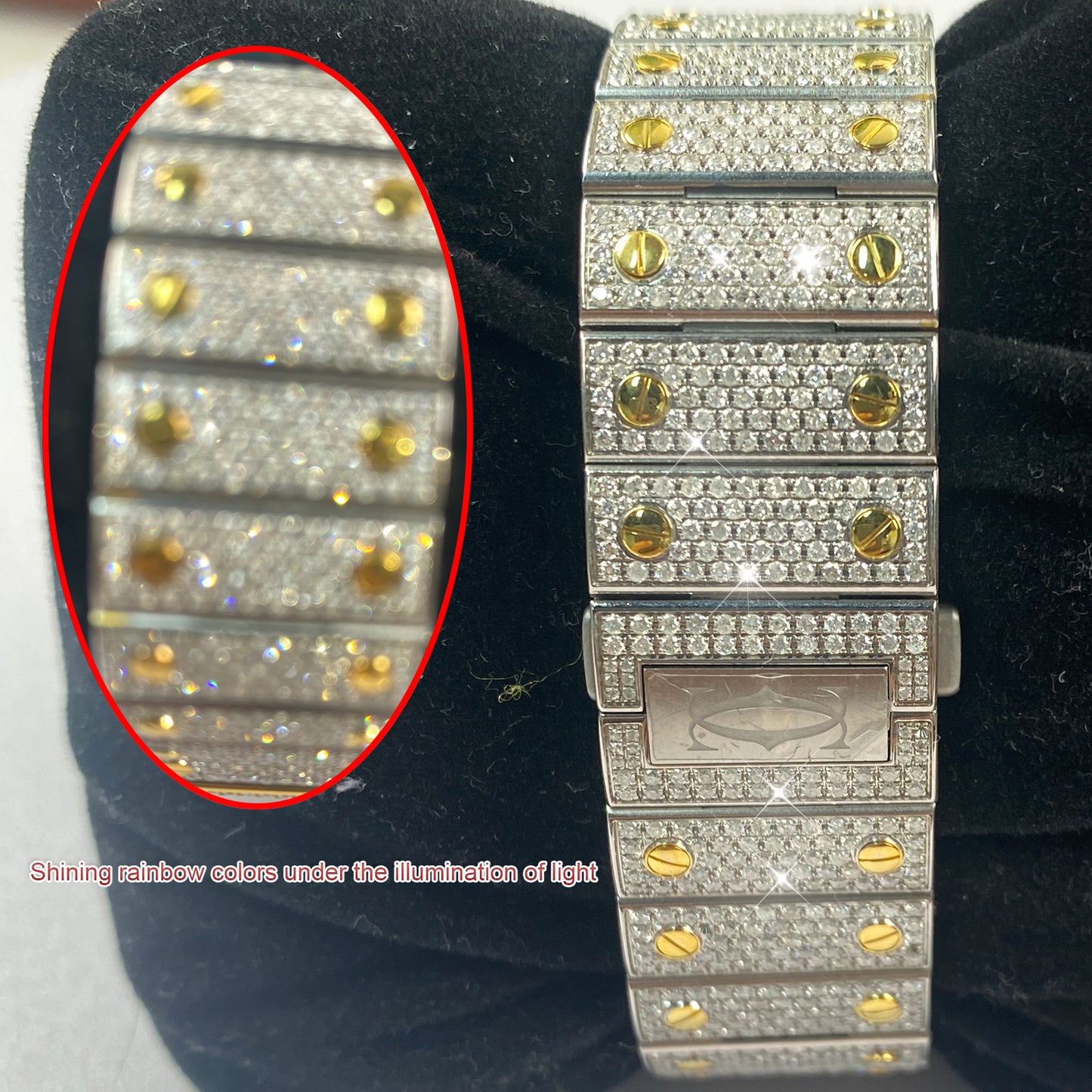 Modified Watch Inlaid with Earth Grown Diamonds Watch Dial Bezel Case and Band for SANTOS DE CARTIER Series