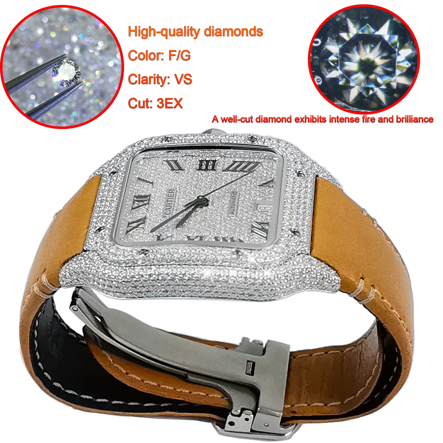 Modified Watch Inlaid with Earth Grown Diamonds Watch Dial Bezel and Case for SANTOS DE CARTIER Series