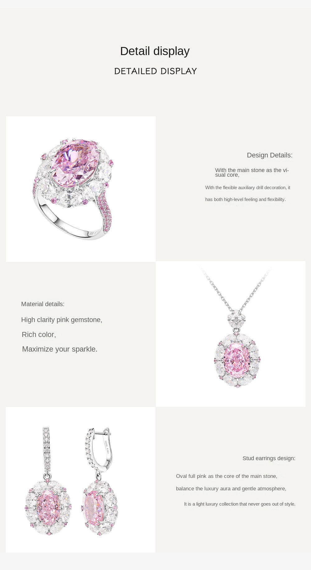 3Pcs Cubic Zirconia 925 Silver Jewelry Set for Women Pink  Pendant Necklace Earrings Rings Set