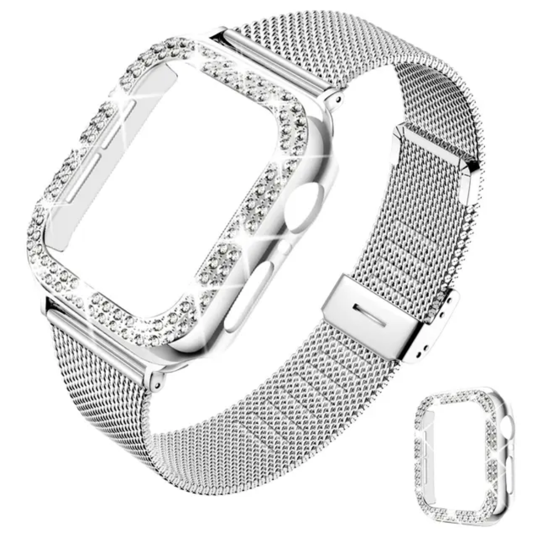 Stainless Steel Mesh bands Compatible For Apple Watch 44mm,Women Bling Protective Crystal Diamond Case with Loop Mesh Strap For Apple watch Series 6/SE/5/4(No Tool Needed)