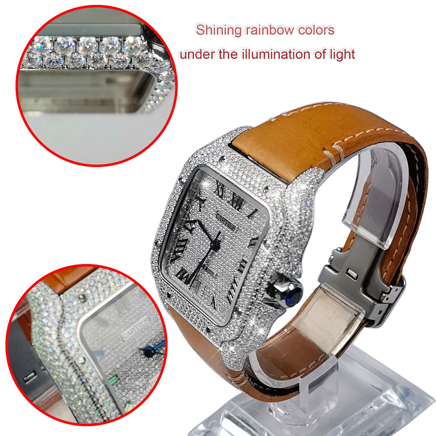 Pave Set Natural Diamonds Watch Dial Bezel Case For Santos DE Cartier 47.5*39.8mm Automatic Mechanical Watch