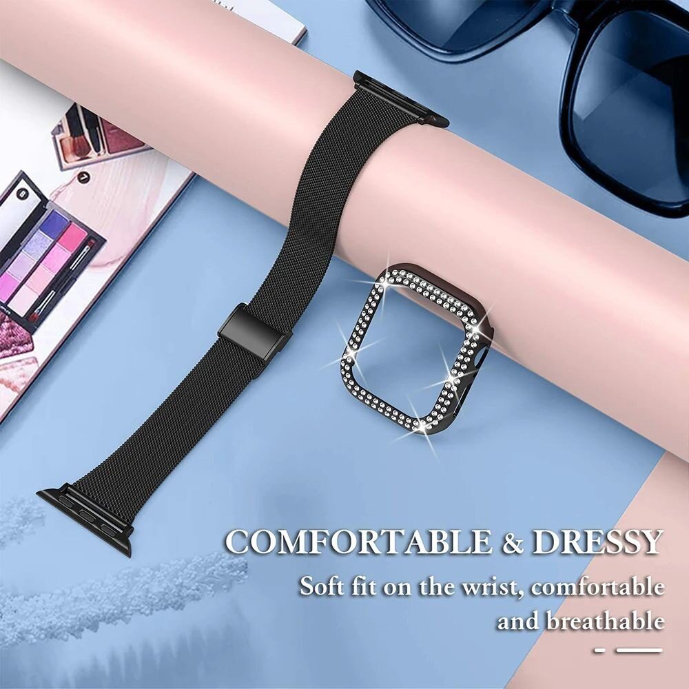 Stainless Steel Mesh bands Compatible For Apple Watch 44mm,Women Bling Protective Crystal Diamond Case with Loop Mesh Strap For Apple watch Series 6/SE/5/4(No Tool Needed)