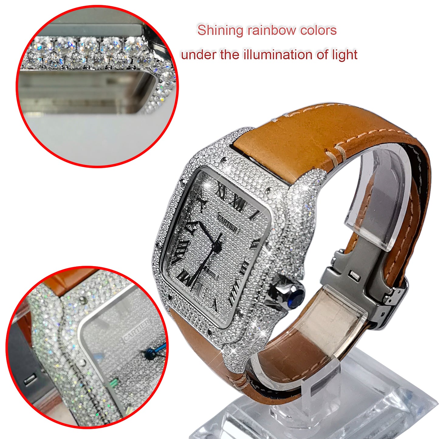 Modified Watch Inlaid with Earth Grown Diamonds Watch Dial Bezel and Case for SANTOS DE CARTIER Series