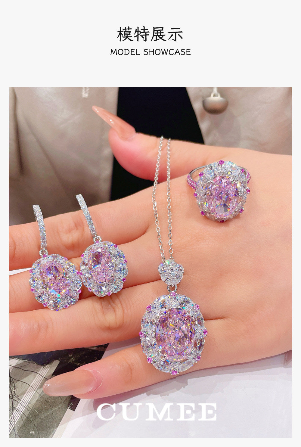 3Pcs Cubic Zirconia 925 Silver Jewelry Set for Women Pink  Pendant Necklace Earrings Rings Set