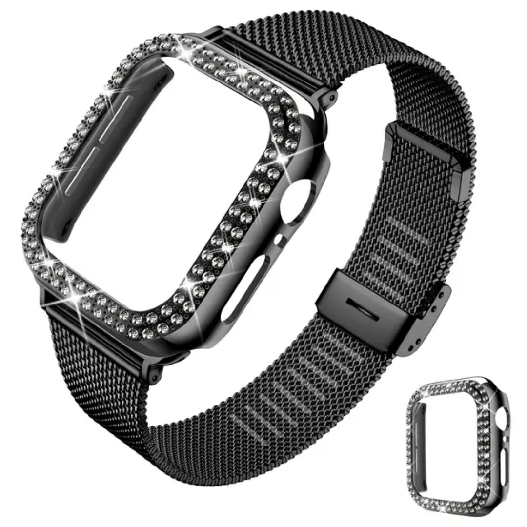 Stainless Steel Mesh bands Compatible For Apple Watch 44mm,Women Bling Protective Crystal Diamond Case with Loop Mesh Strap For Apple watch Series 6/SE/5/4(No Tool Needed)