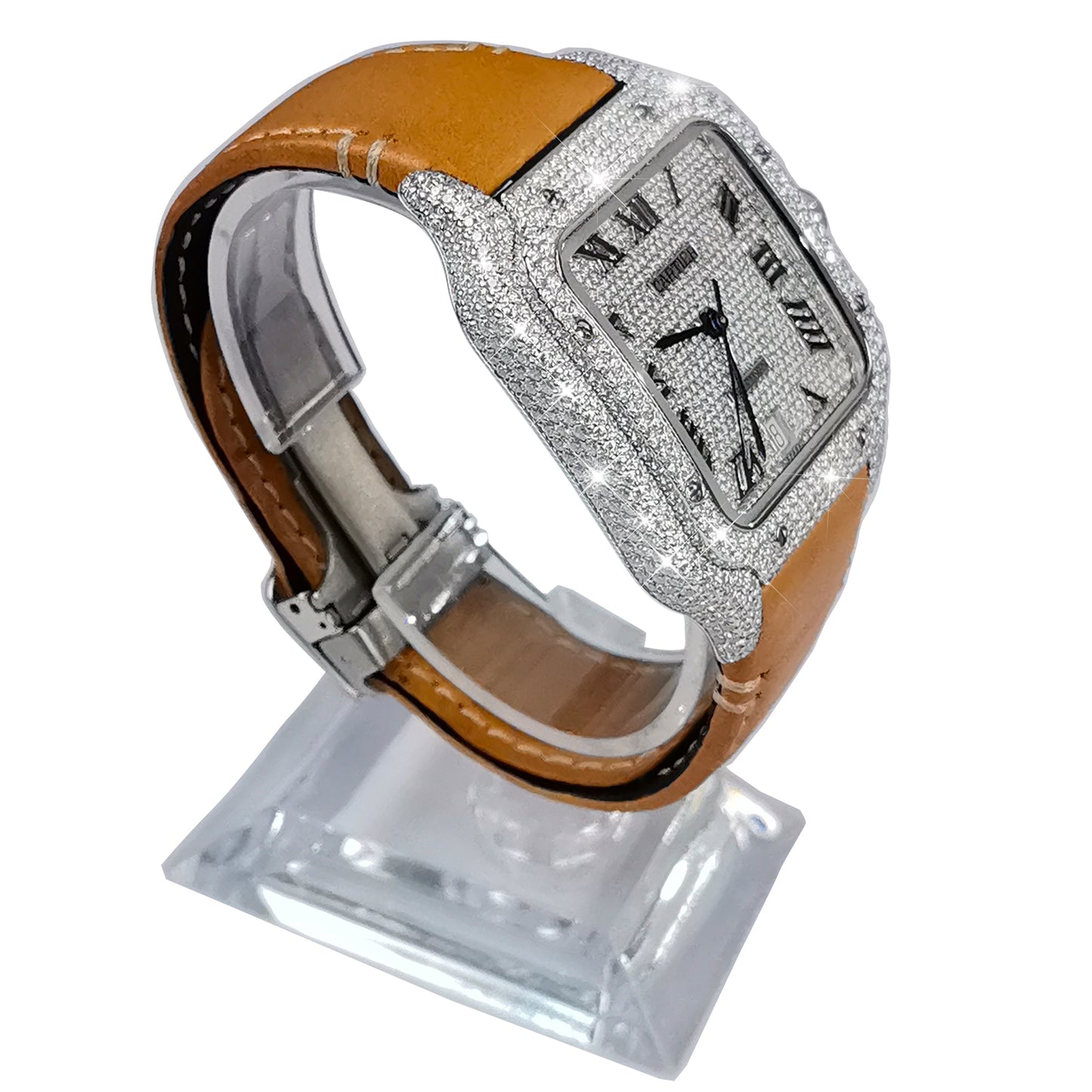 Modified Watch Inlaid with Earth Grown Diamonds Watch Dial Bezel and Case for SANTOS DE CARTIER Series