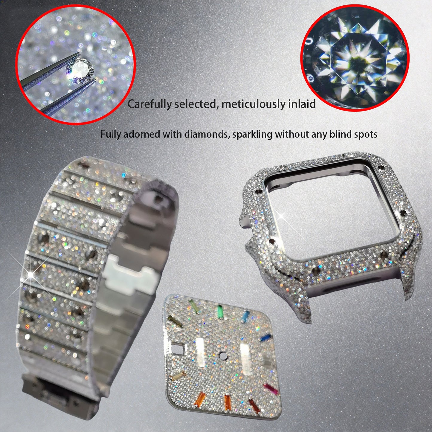 Pave Set Natural Diamonds Watch Dial Bezel Case Band For Santos DE Cartier 47.5*39.8mm Automatic Mechanical Watch