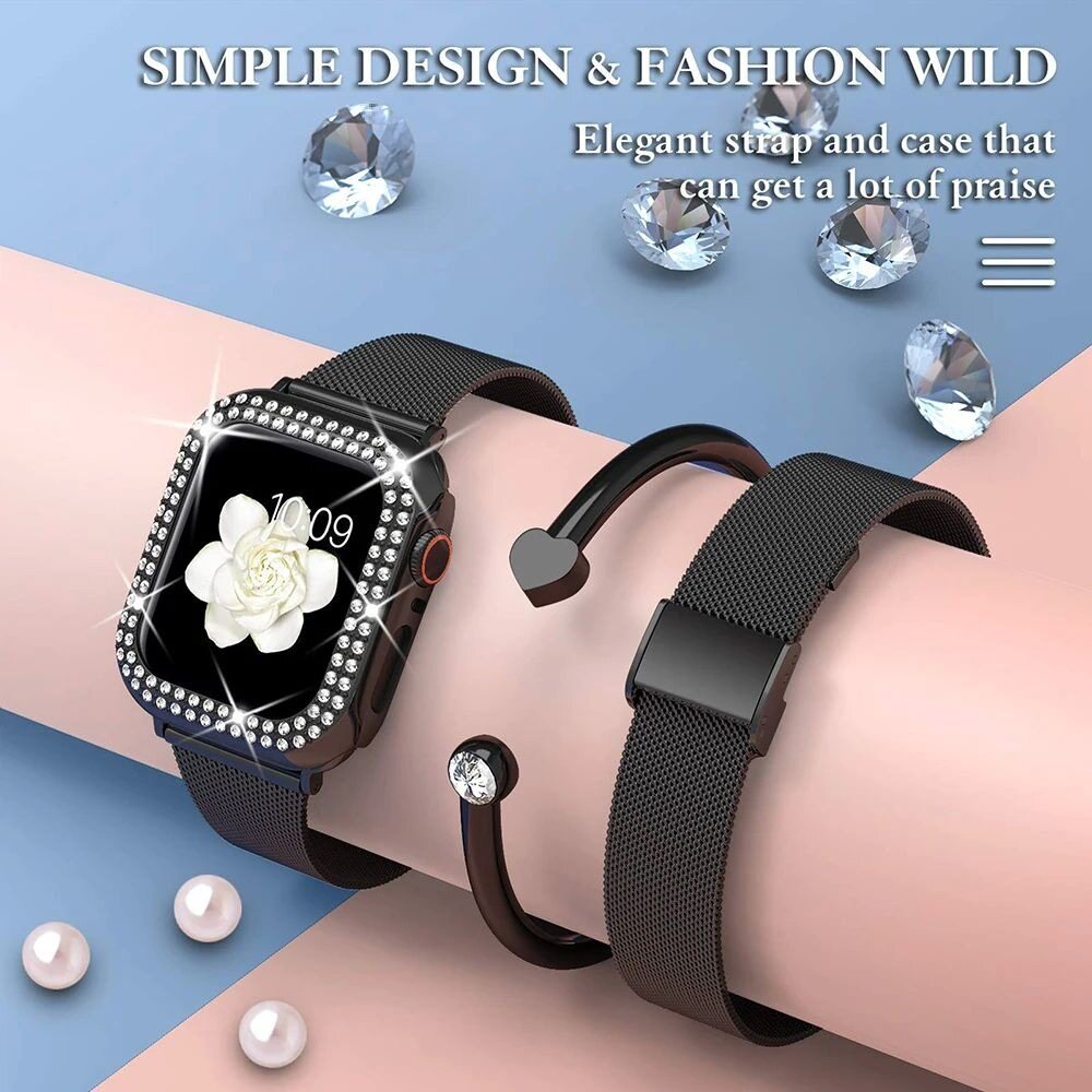 Stainless Steel Mesh bands Compatible For Apple Watch 44mm,Women Bling Protective Crystal Diamond Case with Loop Mesh Strap For Apple watch Series 6/SE/5/4(No Tool Needed)