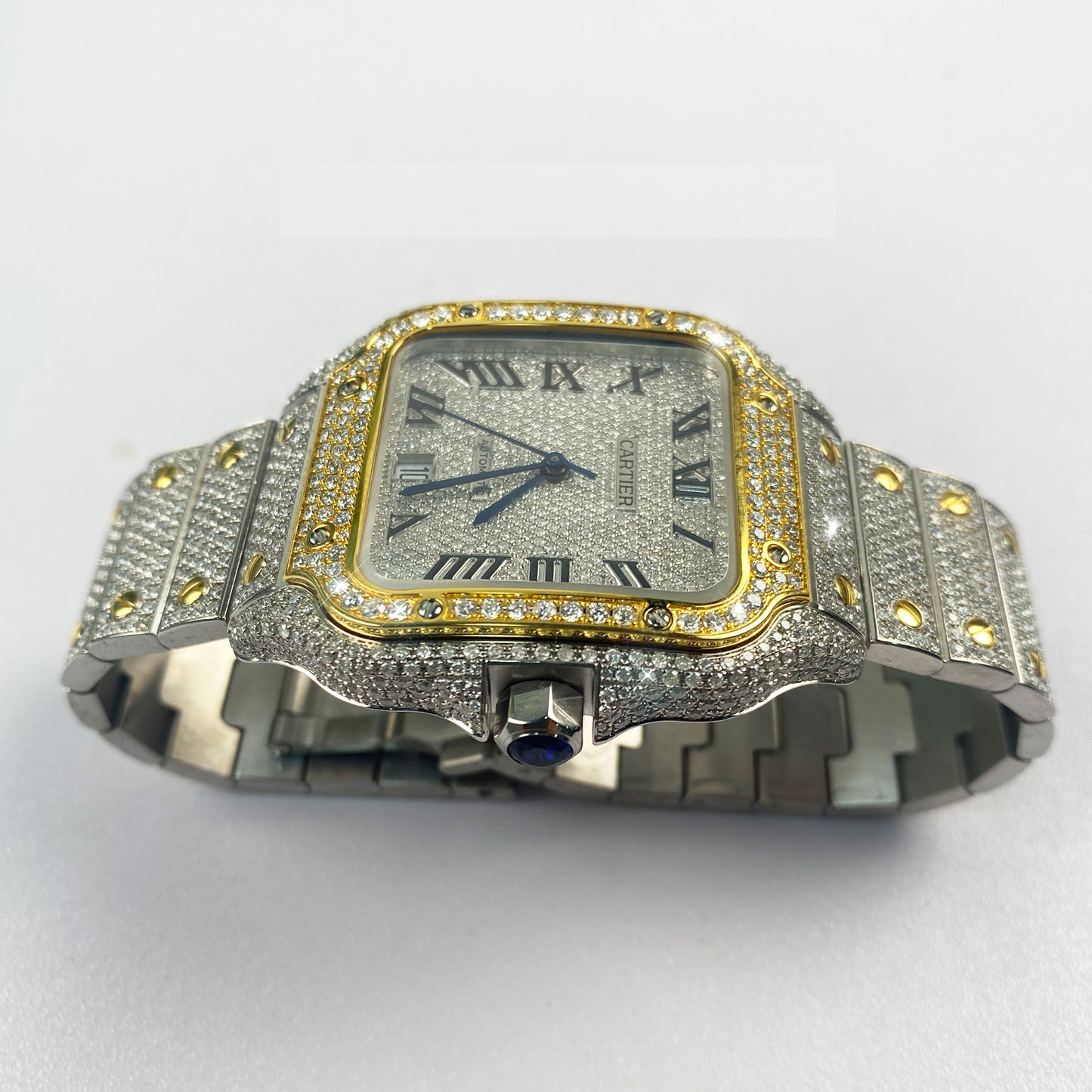 Modified Watch Inlaid with Earth Grown Diamonds Watch Dial Bezel Case and Band for SANTOS DE CARTIER Series