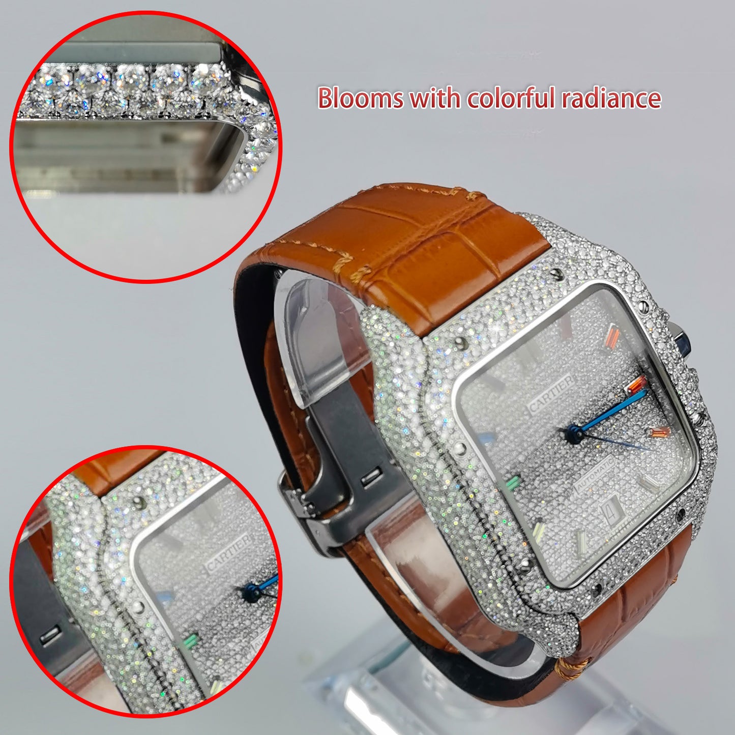 Pave Set Natural Diamonds Watch Dial Bezel Case Band For Santos DE Cartier 47.5*39.8mm Automatic Mechanical Watch