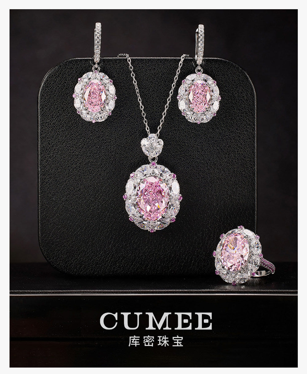 3Pcs Cubic Zirconia 925 Silver Jewelry Set for Women Pink  Pendant Necklace Earrings Rings Set
