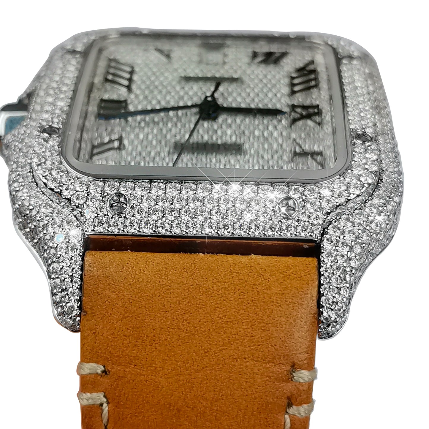 Modified Watch Inlaid with Earth Grown Diamonds Watch Dial Bezel and Case for SANTOS DE CARTIER Series