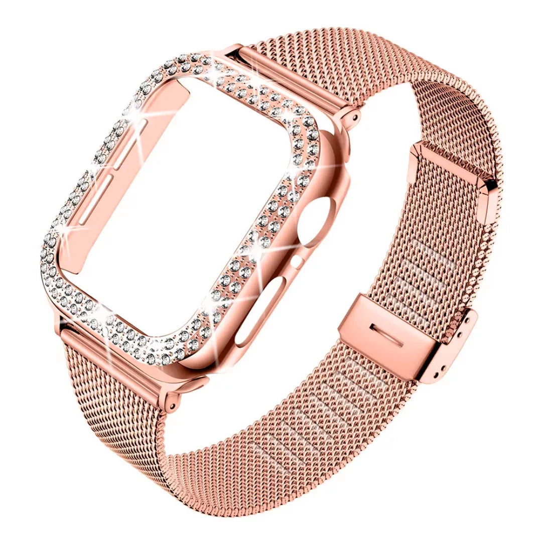Stainless Steel Mesh bands Compatible For Apple Watch 44mm,Women Bling Protective Crystal Diamond Case with Loop Mesh Strap For Apple watch Series 6/SE/5/4(No Tool Needed)