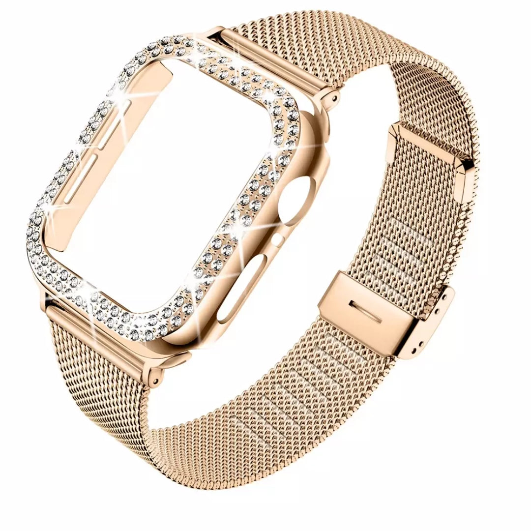 Stainless Steel Mesh bands Compatible For Apple Watch 44mm,Women Bling Protective Crystal Diamond Case with Loop Mesh Strap For Apple watch Series 6/SE/5/4(No Tool Needed)