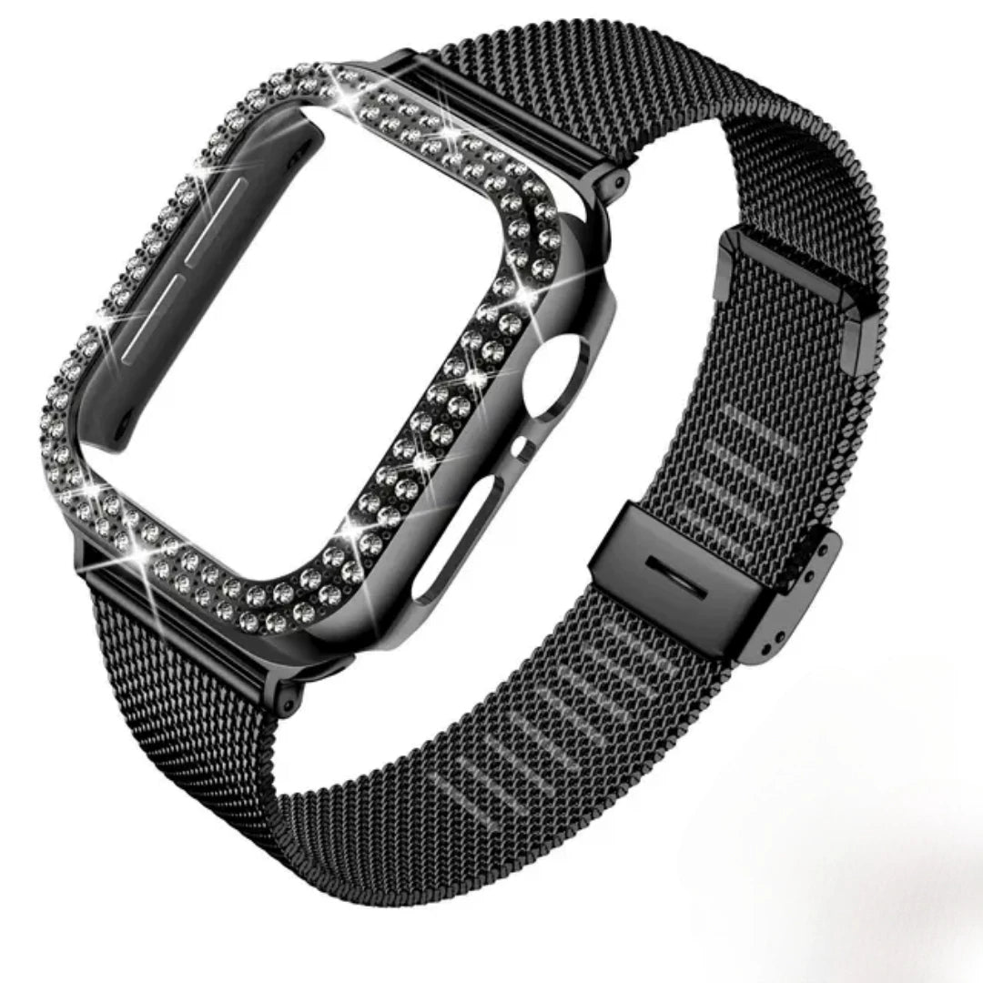 Stainless Steel Mesh bands Compatible For Apple Watch 44mm,Women Bling Protective Crystal Diamond Case with Loop Mesh Strap For Apple watch Series 6/SE/5/4(No Tool Needed)